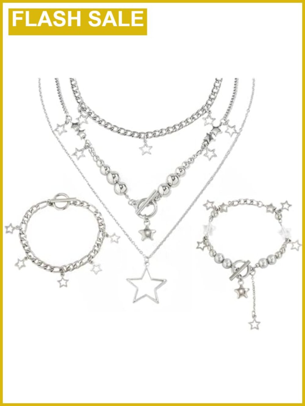 Y2K Silver Star Necklace Set Rhinestone Alloy 2 Piece Adjustable Cable Chain